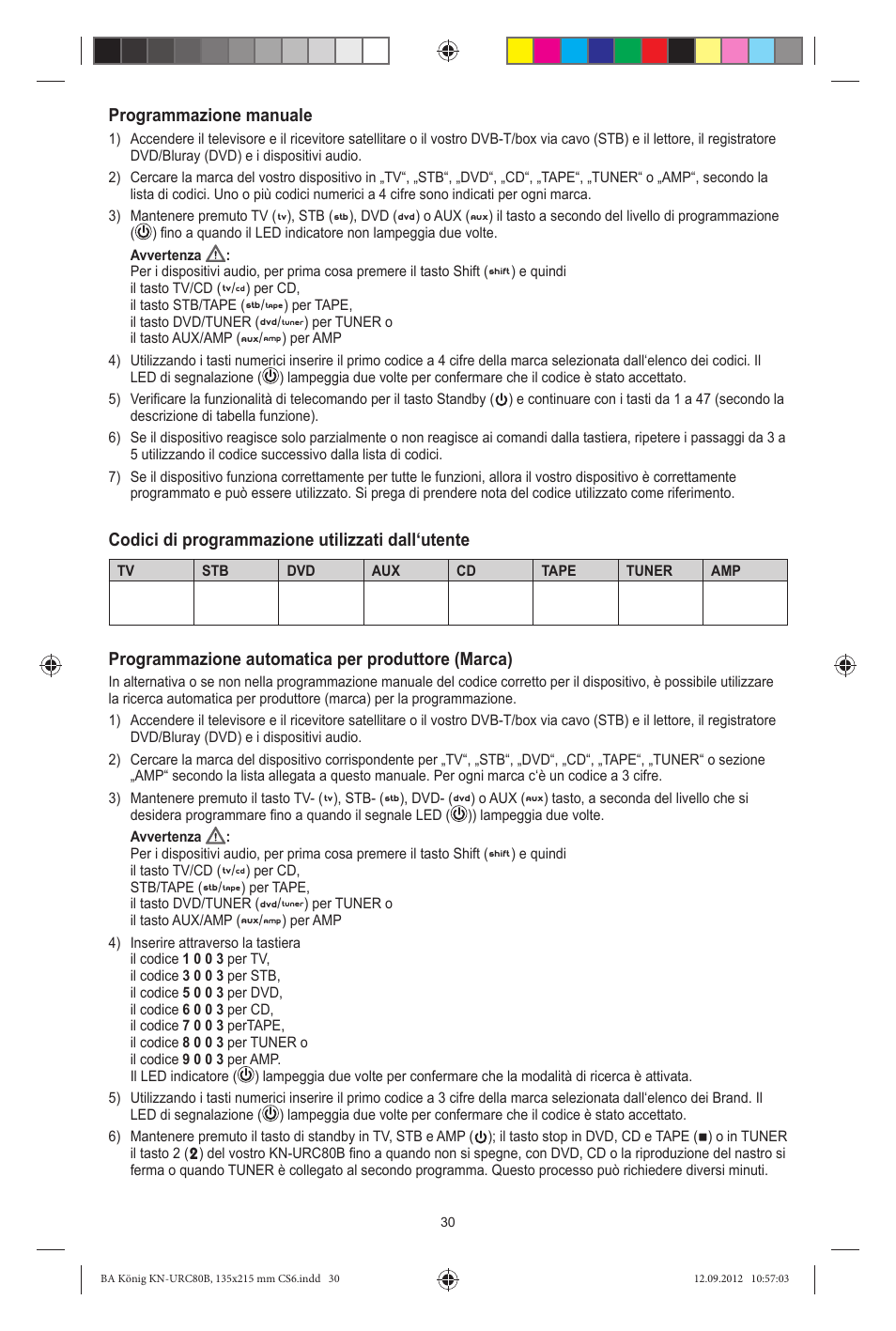 Programmazione manuale, Codici di programmazione utilizzati dall‘utente, Programmazione automatica per produttore (marca) | Konig Electronic 8:1 universal remote control User Manual | Page 30 / 112