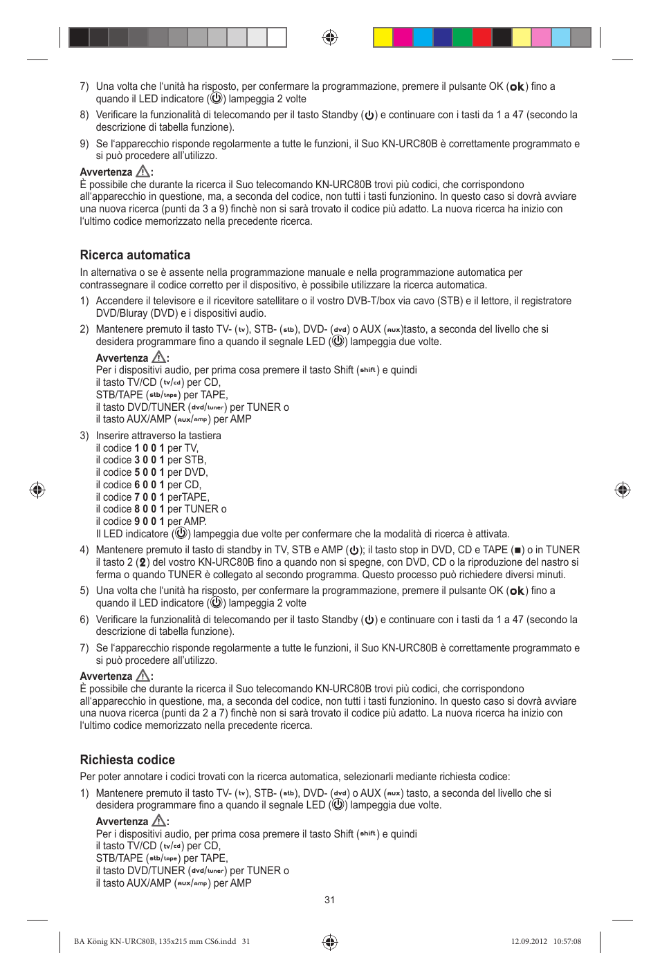 Ricerca automatica, Richiesta codice | Konig Electronic 8:1 universal remote control User Manual | Page 31 / 112