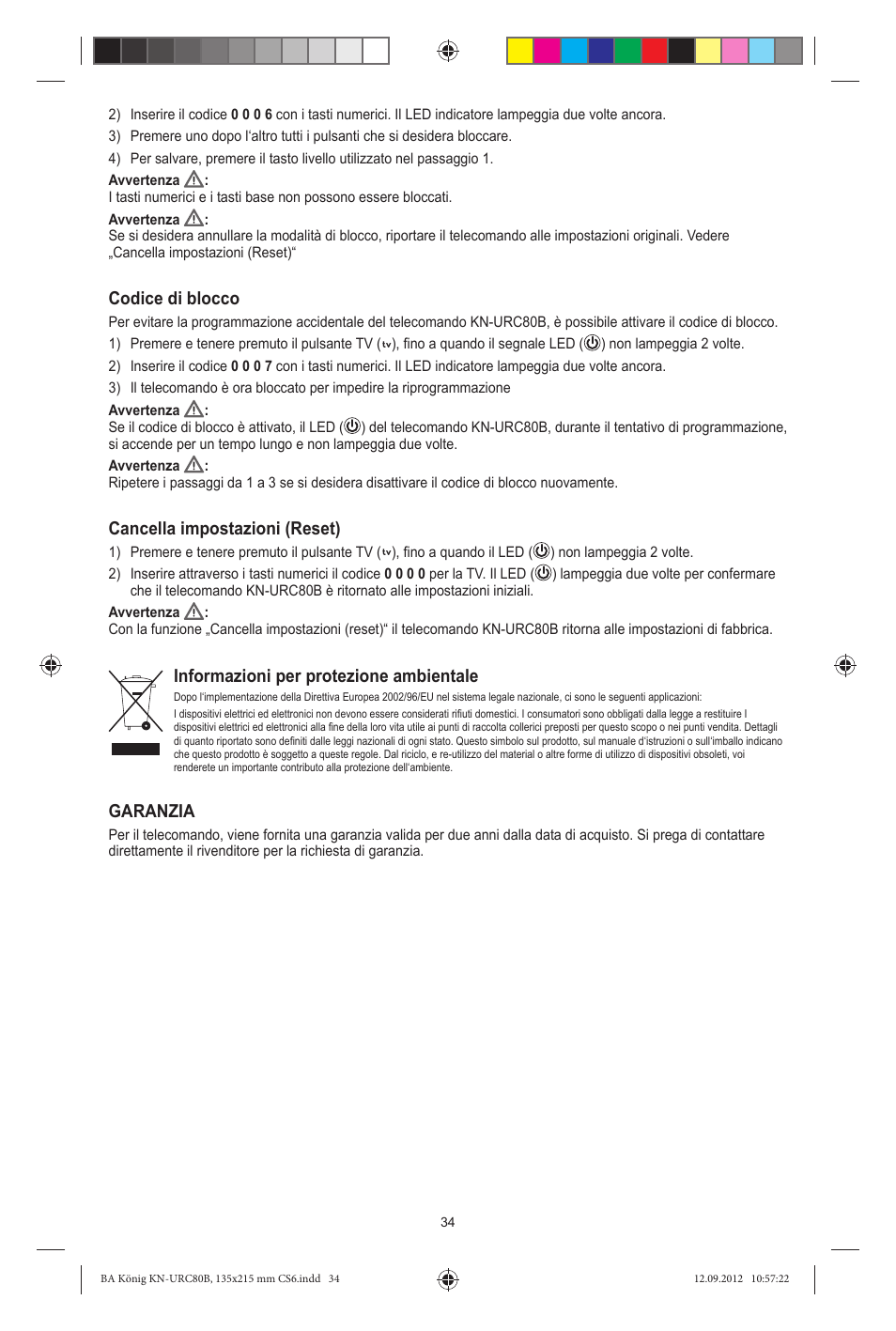 Codice di blocco, Cancella impostazioni (reset), Informazioni per protezione ambientale | Garanzia | Konig Electronic 8:1 universal remote control User Manual | Page 34 / 112