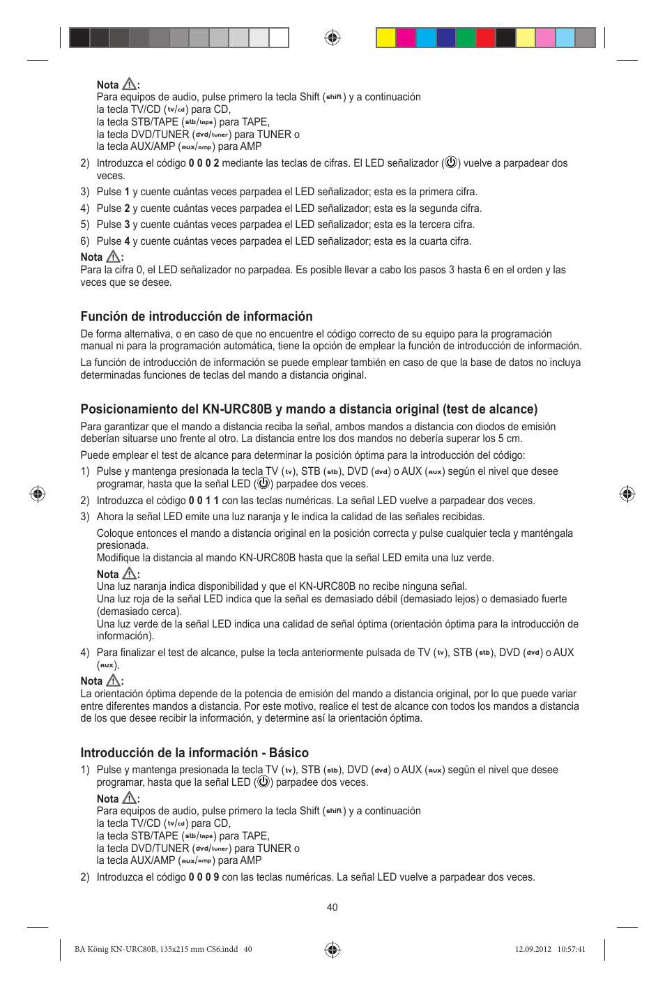 Función de introducción de información, Introducción de la información - básico | Konig Electronic 8:1 universal remote control User Manual | Page 40 / 112