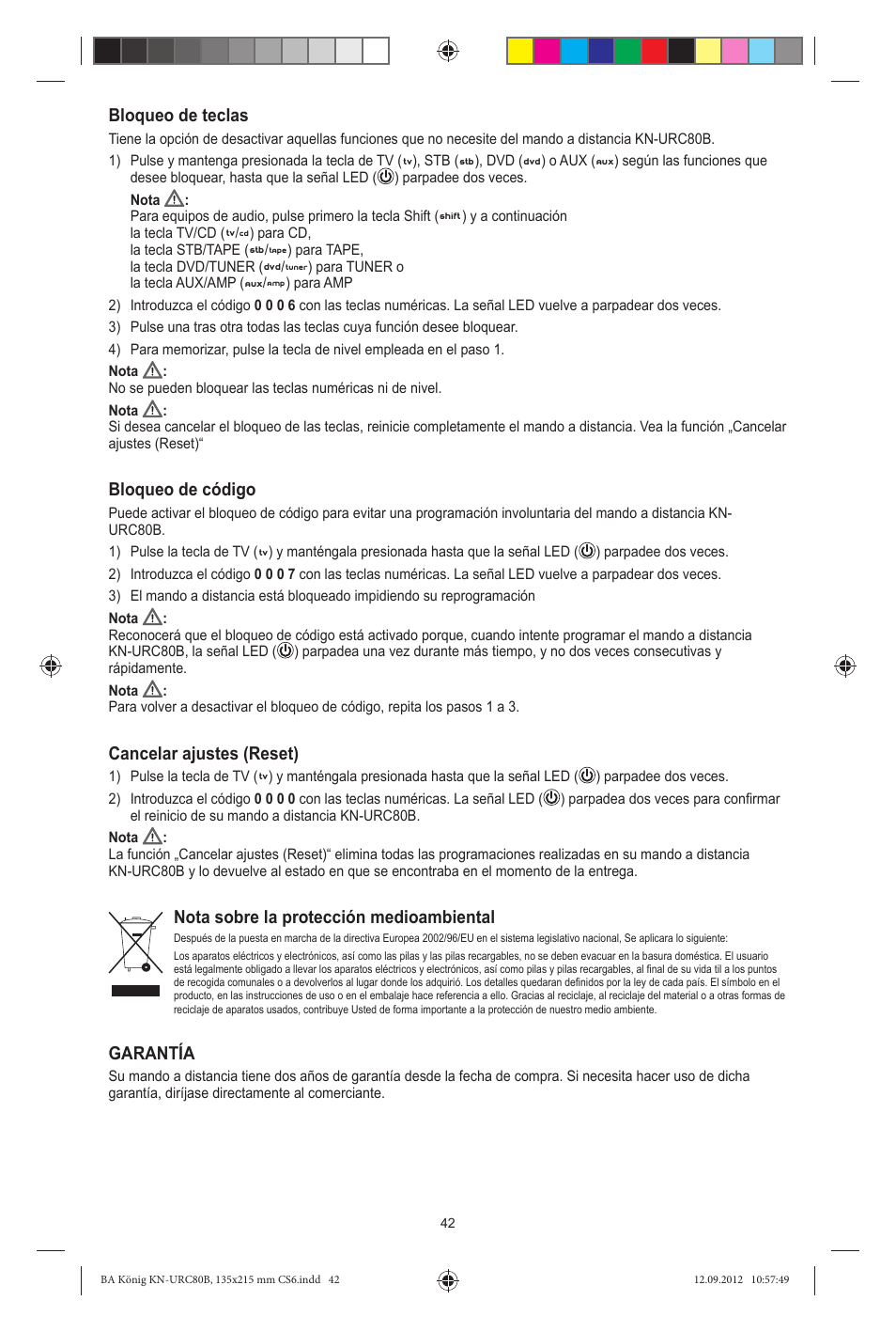 Bloqueo de teclas, Bloqueo de código, Cancelar ajustes (reset) | Nota sobre la protección medioambiental, Garantía | Konig Electronic 8:1 universal remote control User Manual | Page 42 / 112