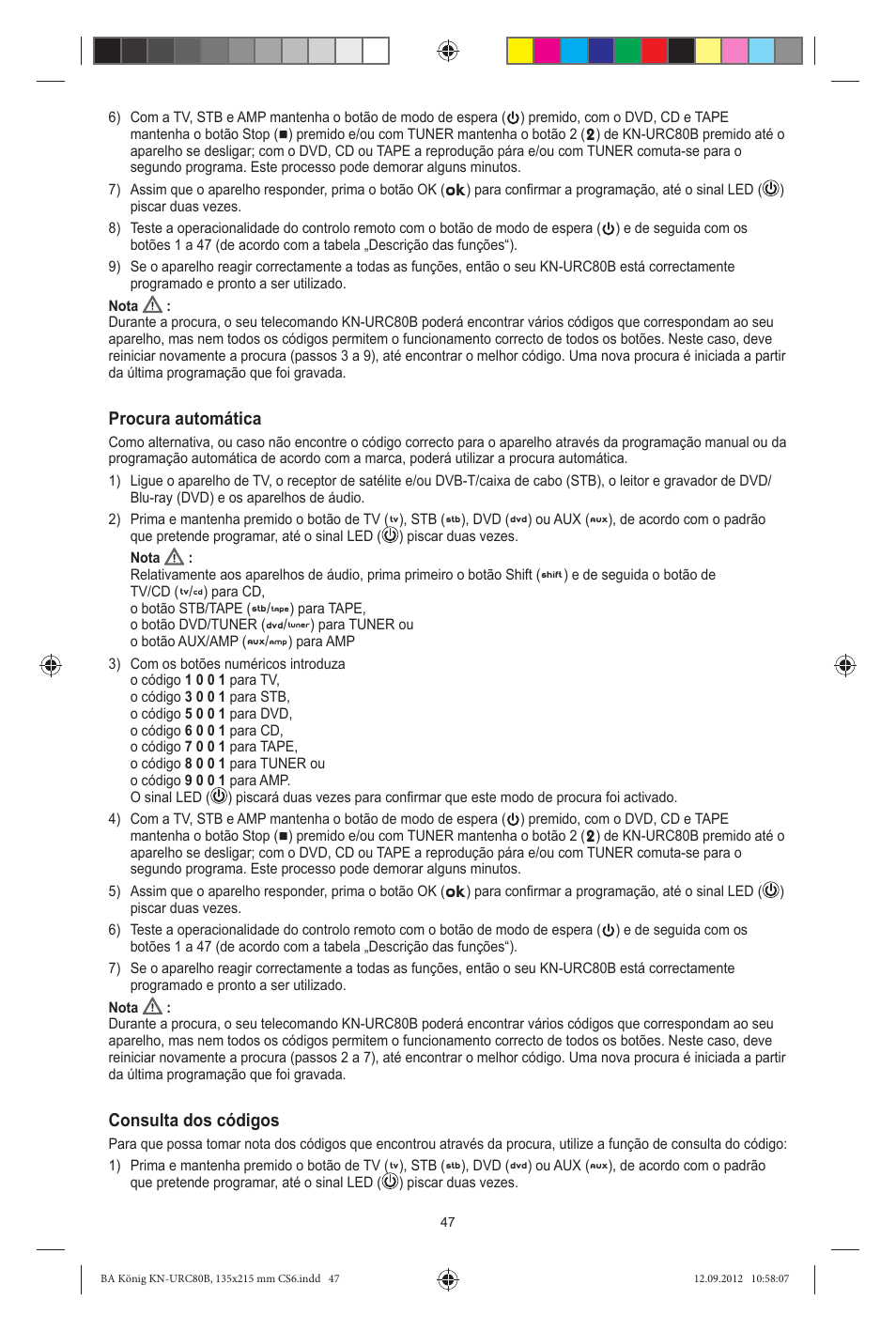 Procura automática, Consulta dos códigos | Konig Electronic 8:1 universal remote control User Manual | Page 47 / 112