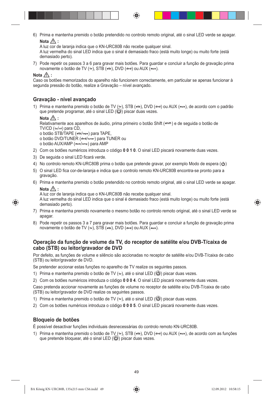 Gravação - nível avançado, Bloqueio de botões | Konig Electronic 8:1 universal remote control User Manual | Page 49 / 112