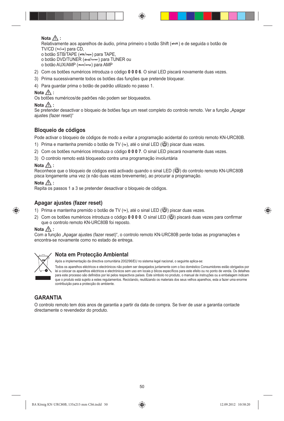 Bloqueio de códigos, Apagar ajustes (fazer reset), Nota em protecção ambiental | Garantia | Konig Electronic 8:1 universal remote control User Manual | Page 50 / 112