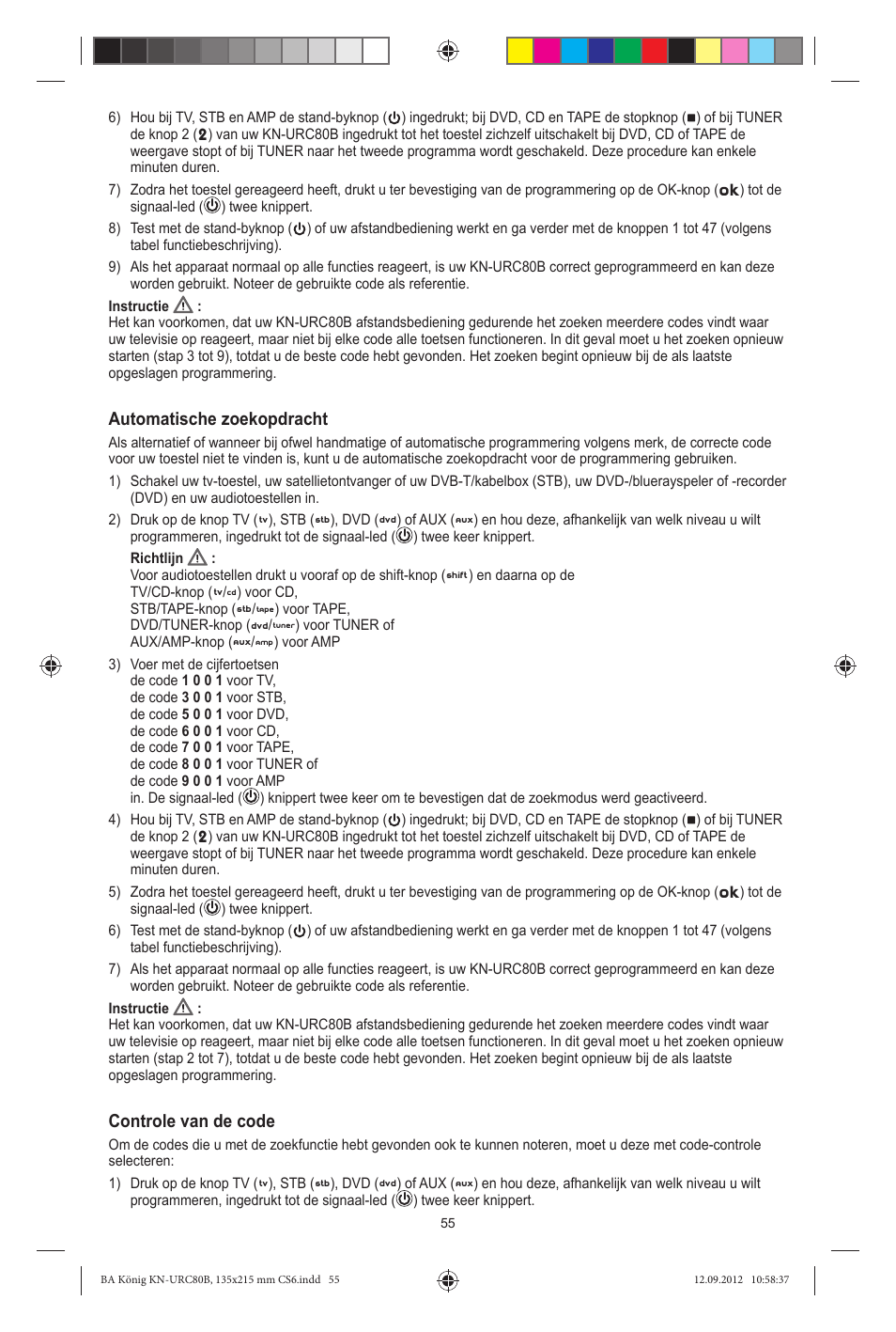 Automatische zoekopdracht, Controle van de code | Konig Electronic 8:1 universal remote control User Manual | Page 55 / 112