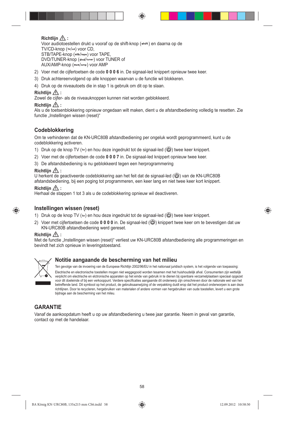 Codeblokkering, Instellingen wissen (reset), Notitie aangaande de bescherming van het milieu | Garantie | Konig Electronic 8:1 universal remote control User Manual | Page 58 / 112