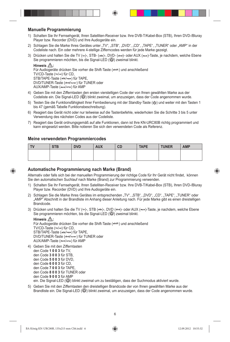 Manuelle programmierung, Meine verwendeten programmiercodes, Automatische programmierung nach marke (brand) | Konig Electronic 8:1 universal remote control User Manual | Page 6 / 112