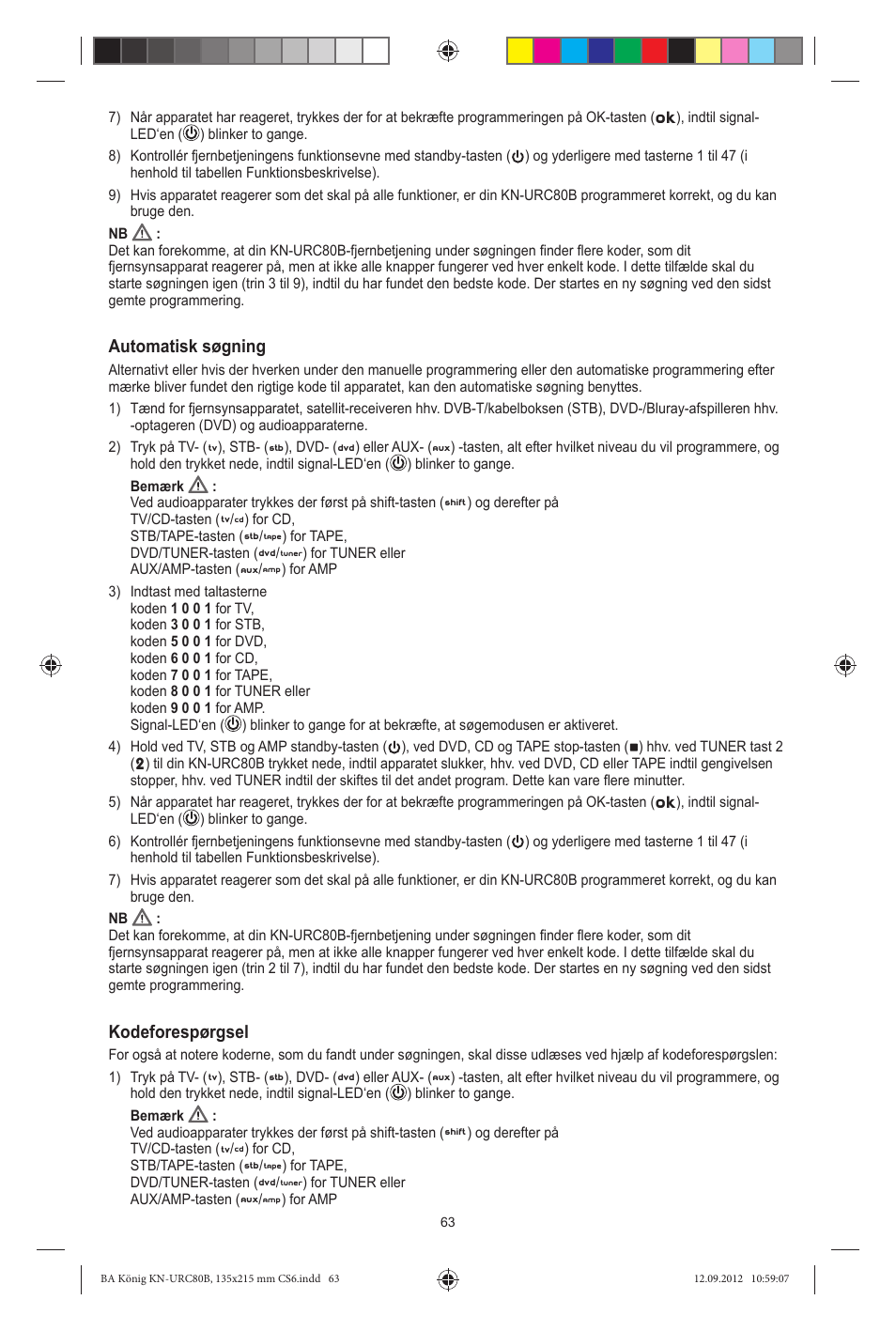 Automatisk søgning, Kodeforespørgsel | Konig Electronic 8:1 universal remote control User Manual | Page 63 / 112