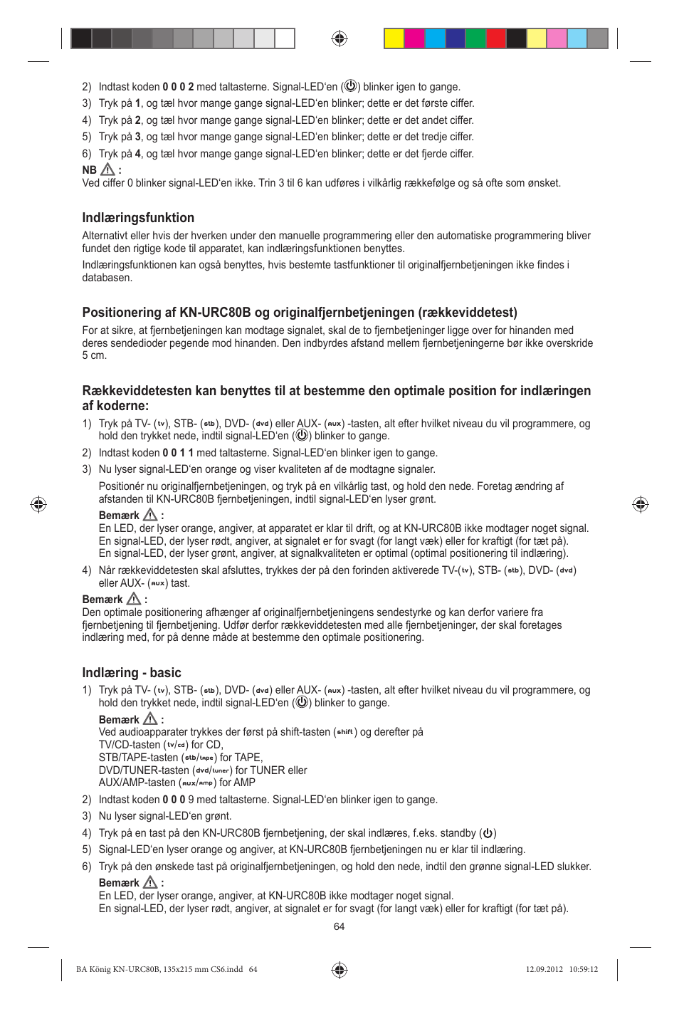 Indlæringsfunktion, Indlæring - basic | Konig Electronic 8:1 universal remote control User Manual | Page 64 / 112