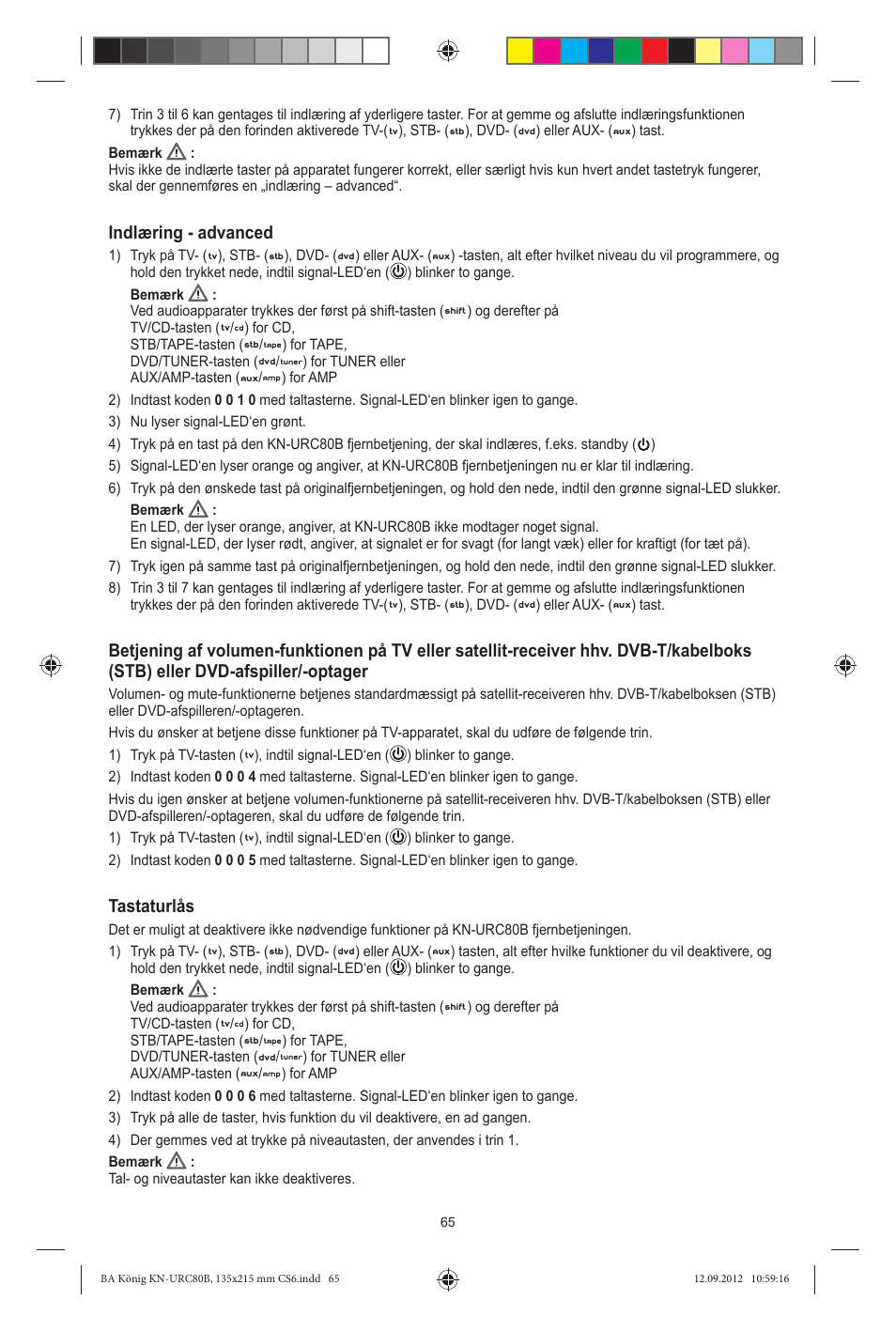 Indlæring - advanced, Tastaturlås | Konig Electronic 8:1 universal remote control User Manual | Page 65 / 112