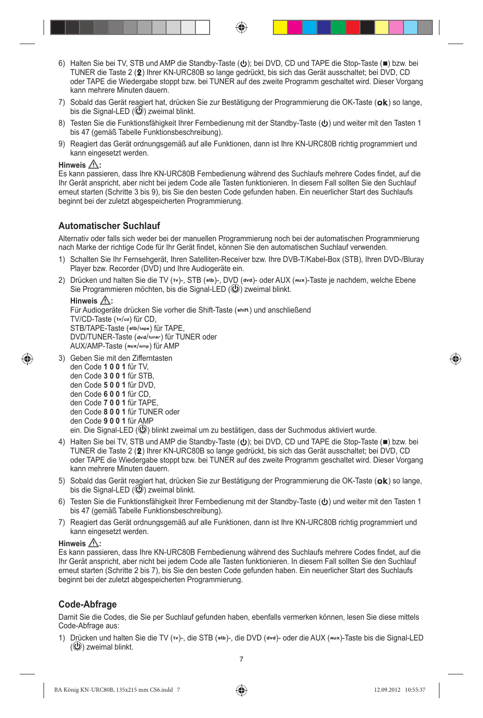 Automatischer suchlauf, Code-abfrage | Konig Electronic 8:1 universal remote control User Manual | Page 7 / 112