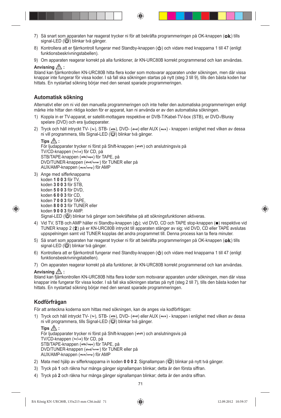 Automatisk sökning, Kodförfrågan | Konig Electronic 8:1 universal remote control User Manual | Page 71 / 112