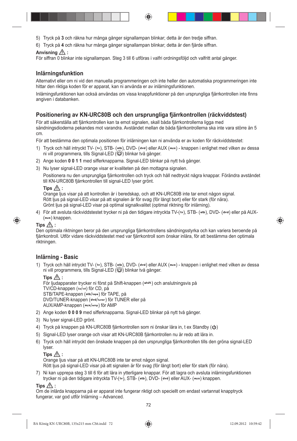 Inlärningsfunktion, Inlärning - basic | Konig Electronic 8:1 universal remote control User Manual | Page 72 / 112