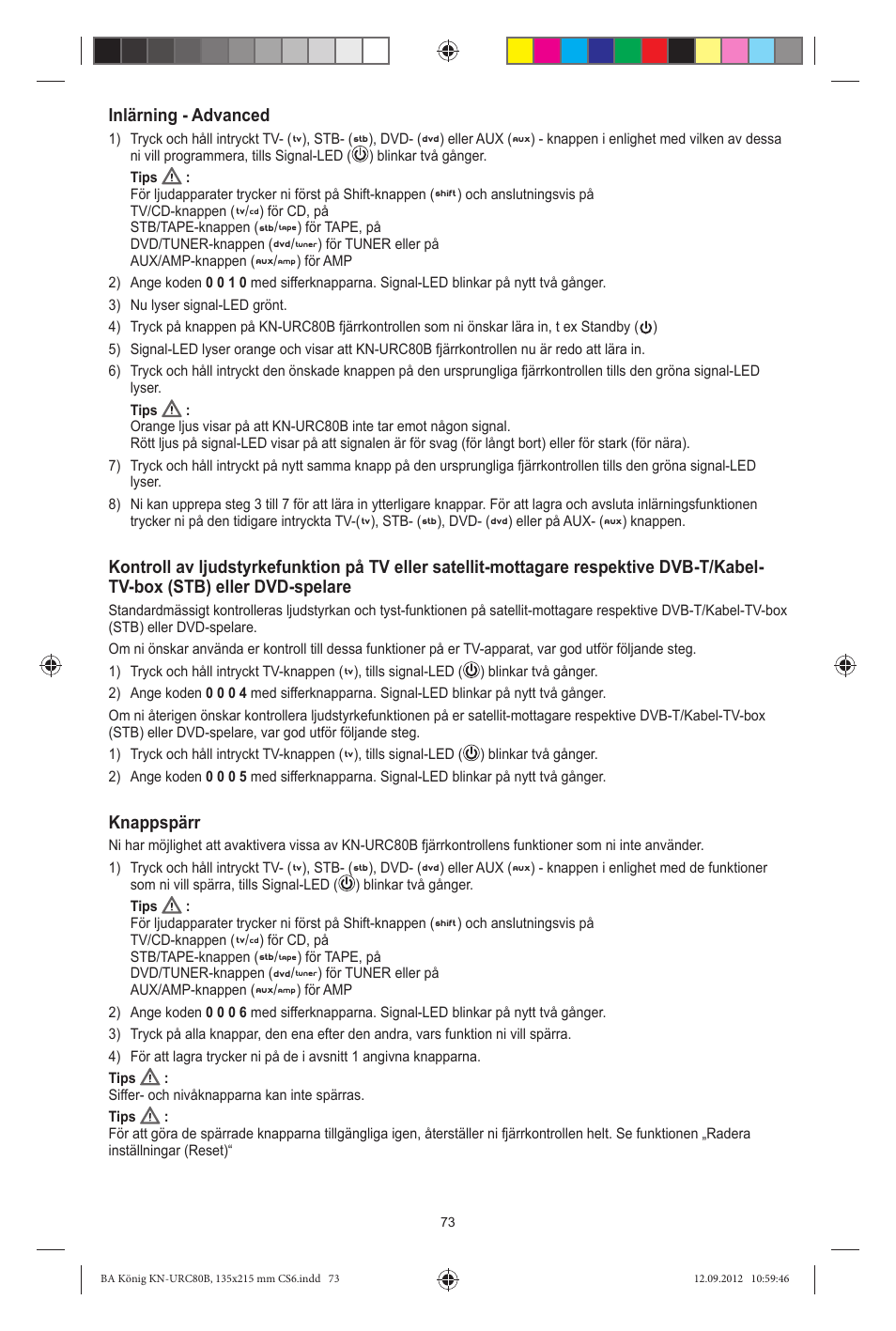 Inlärning - advanced, Knappspärr | Konig Electronic 8:1 universal remote control User Manual | Page 73 / 112