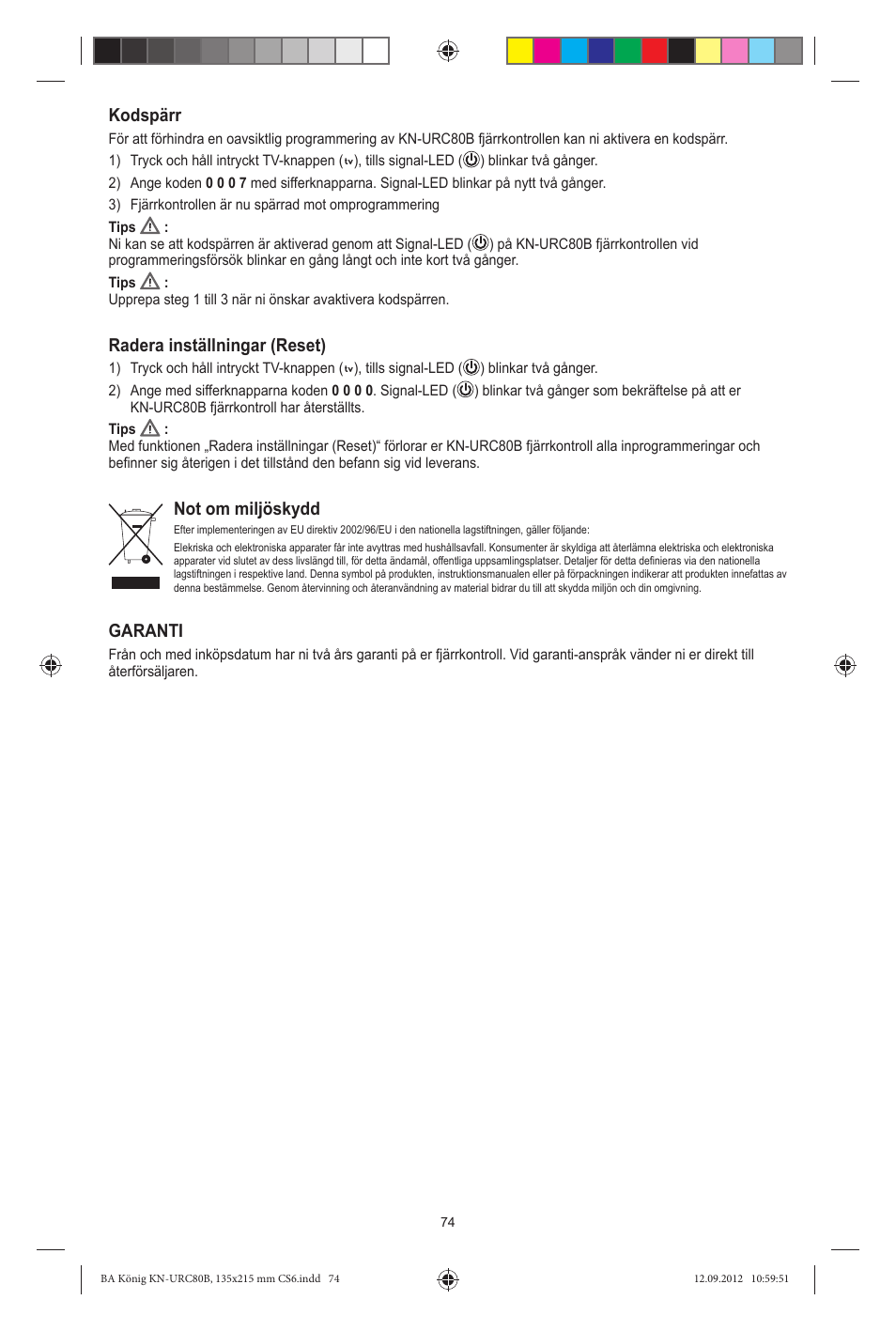 Kodspärr, Radera inställningar (reset), Not om miljöskydd | Garanti | Konig Electronic 8:1 universal remote control User Manual | Page 74 / 112