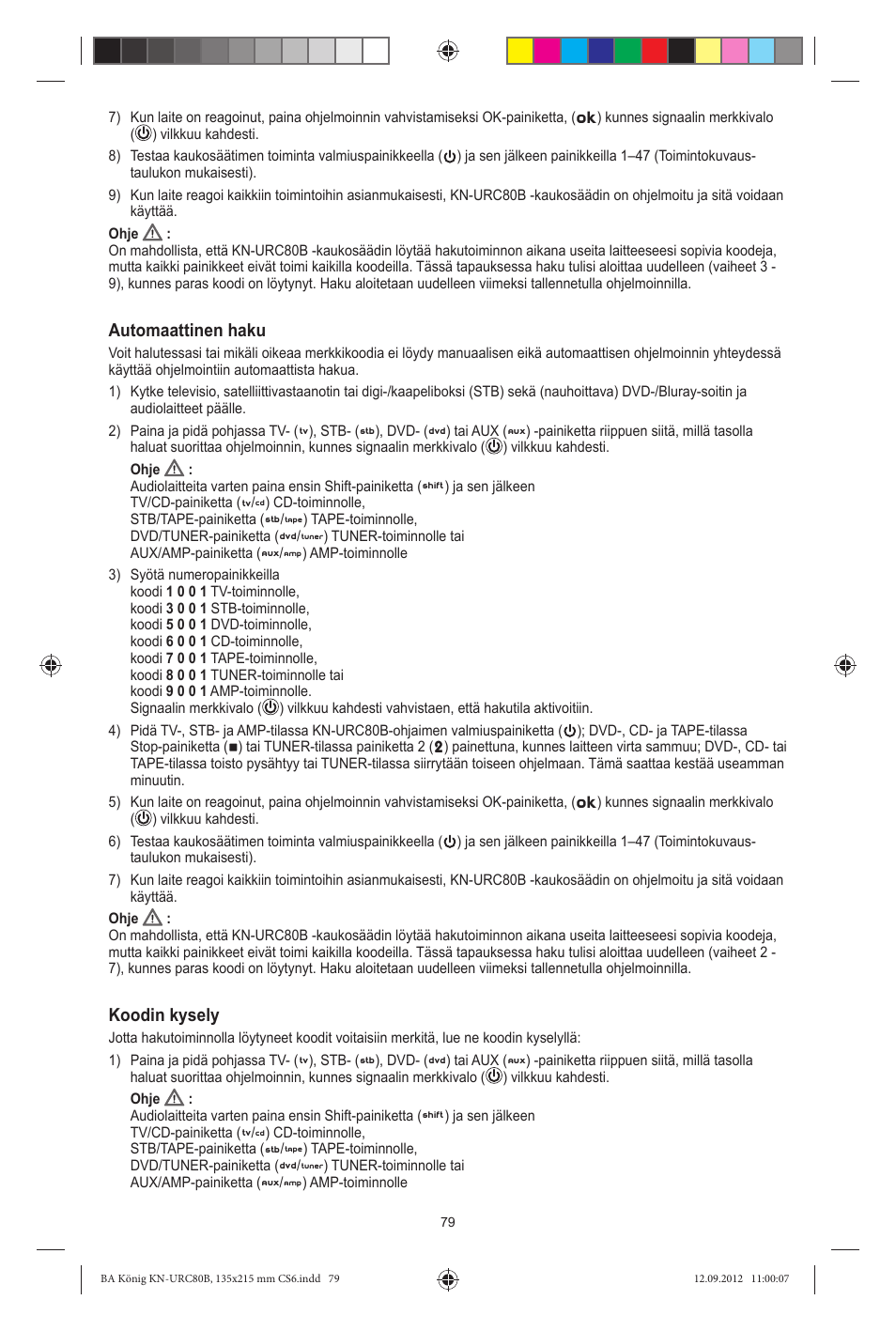 Automaattinen haku, Koodin kysely | Konig Electronic 8:1 universal remote control User Manual | Page 79 / 112