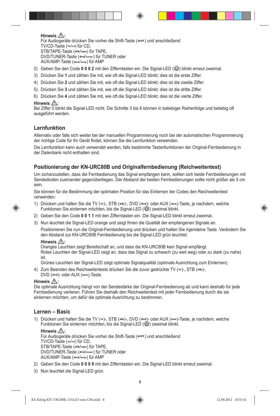 Lernfunktion, Lernen – basic | Konig Electronic 8:1 universal remote control User Manual | Page 8 / 112