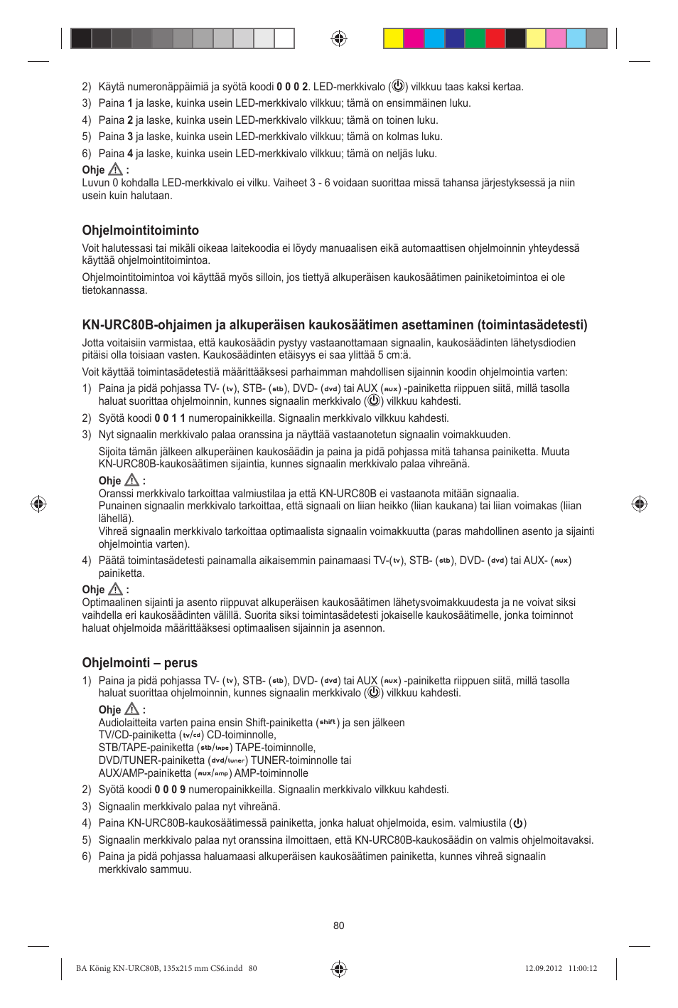 Ohjelmointitoiminto, Ohjelmointi – perus | Konig Electronic 8:1 universal remote control User Manual | Page 80 / 112