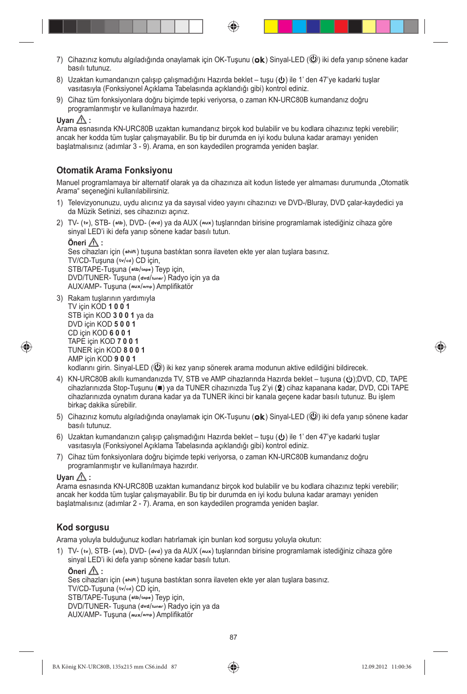 Otomatik arama fonksiyonu, Kod sorgusu | Konig Electronic 8:1 universal remote control User Manual | Page 87 / 112