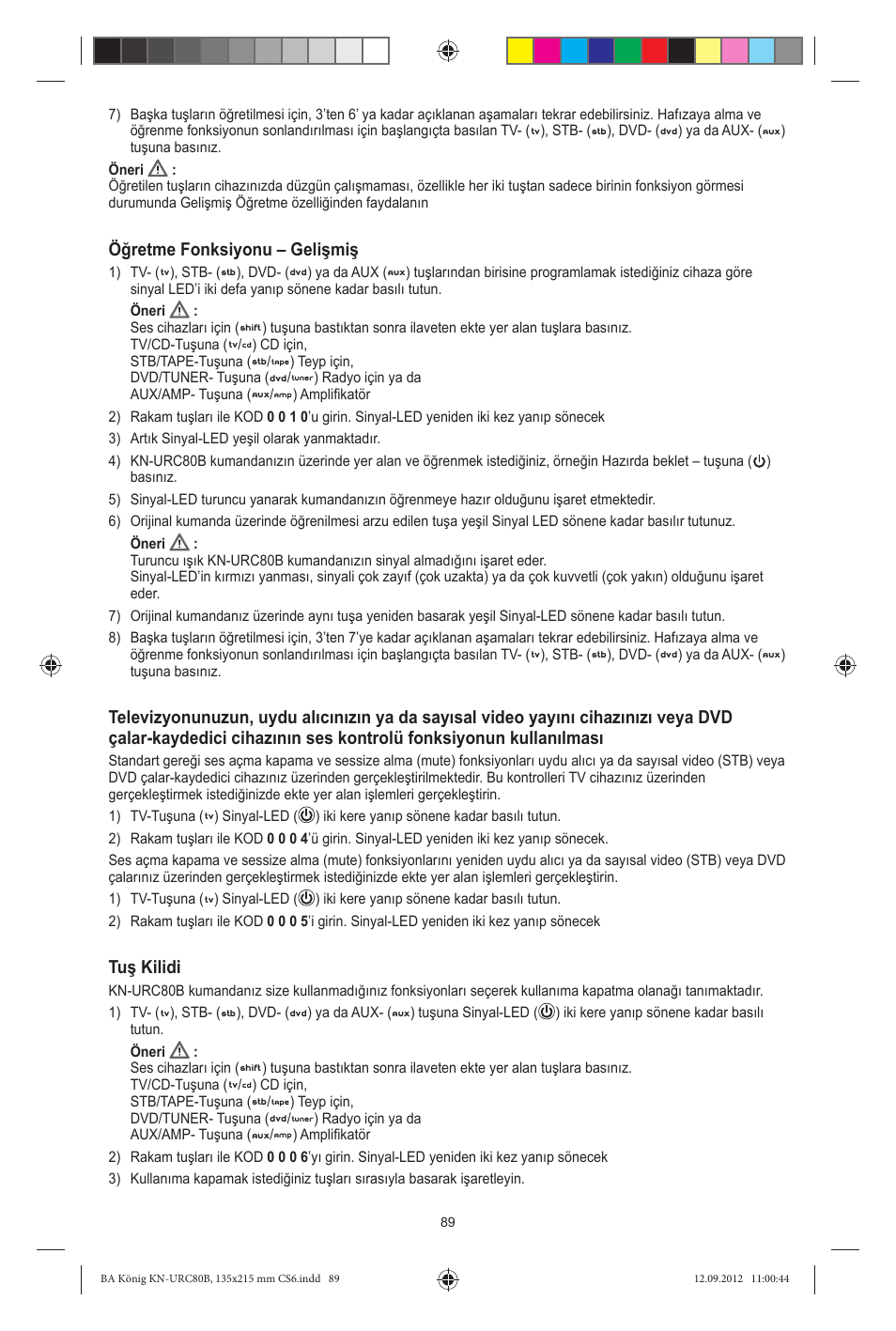 Öğretme fonksiyonu – gelişmiş, Tuş kilidi | Konig Electronic 8:1 universal remote control User Manual | Page 89 / 112