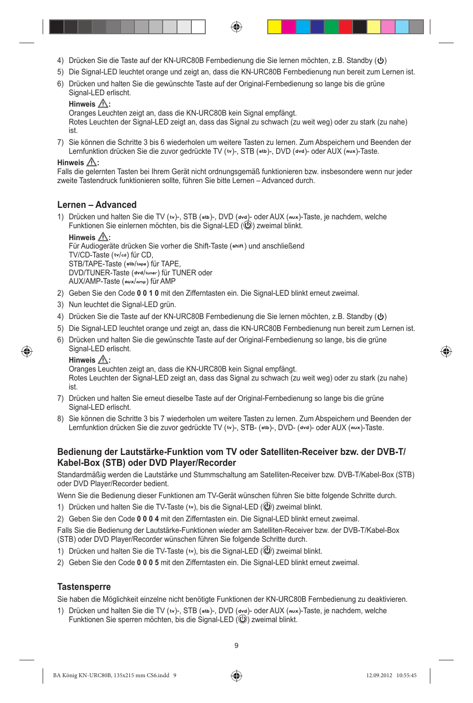 Lernen – advanced, Tastensperre | Konig Electronic 8:1 universal remote control User Manual | Page 9 / 112