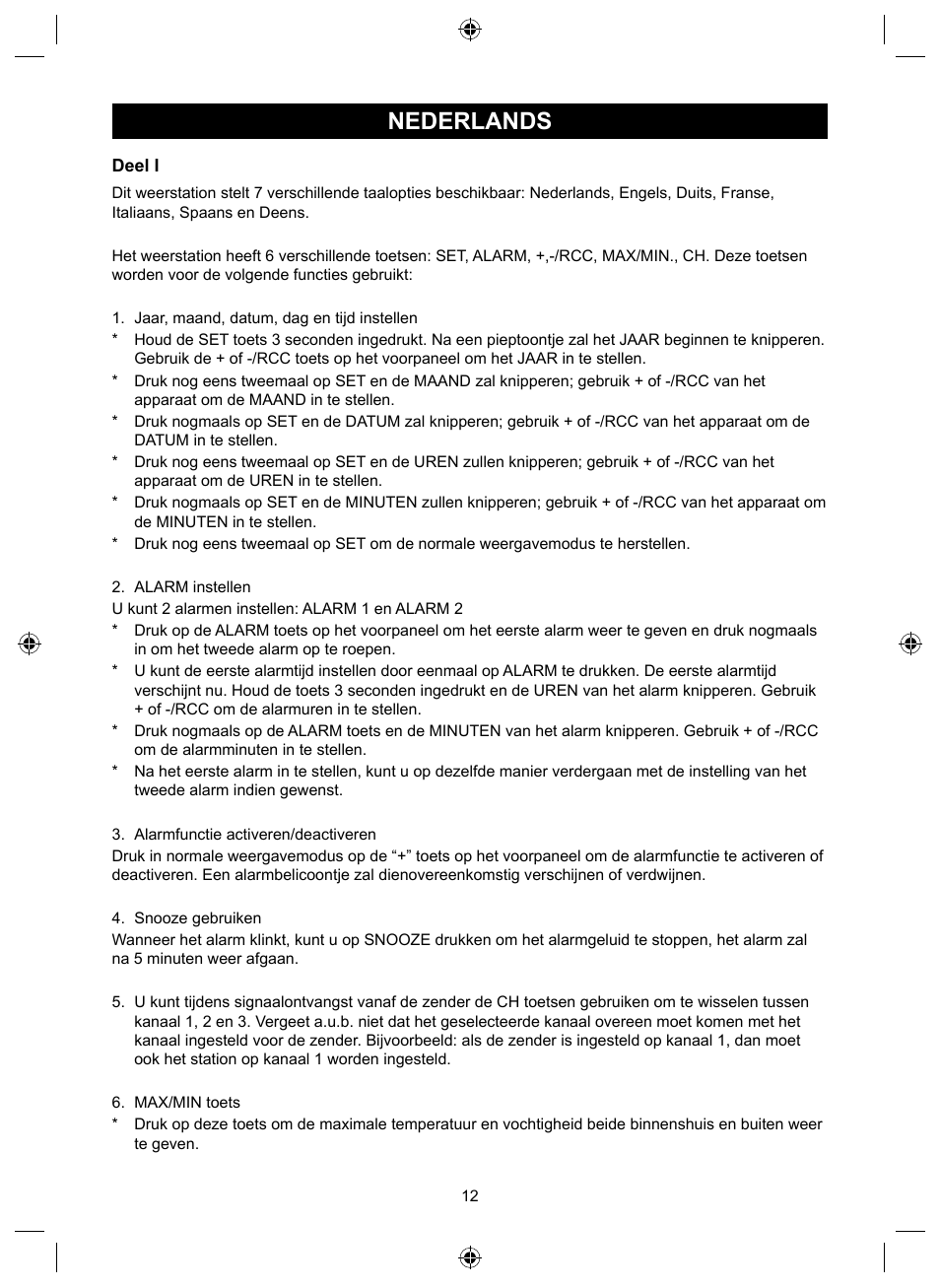 Nederlands, Gebruiksaanwijzing (p. 12), Weerstation | Konig Electronic Wireless weather station User Manual | Page 12 / 42