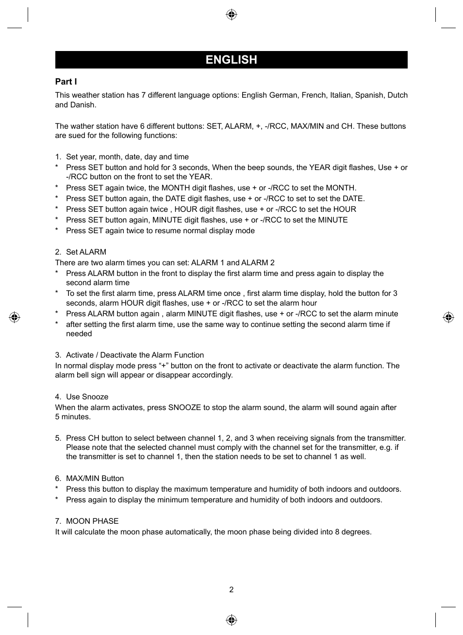 English, Manual (p. 2), Weather station | Konig Electronic Wireless weather station User Manual | Page 2 / 42