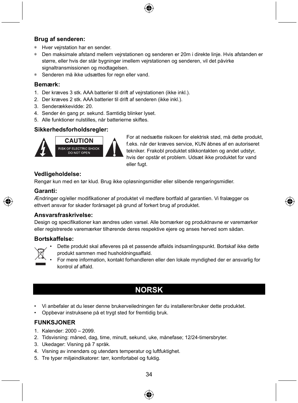 Norsk | Konig Electronic Wireless weather station User Manual | Page 34 / 41