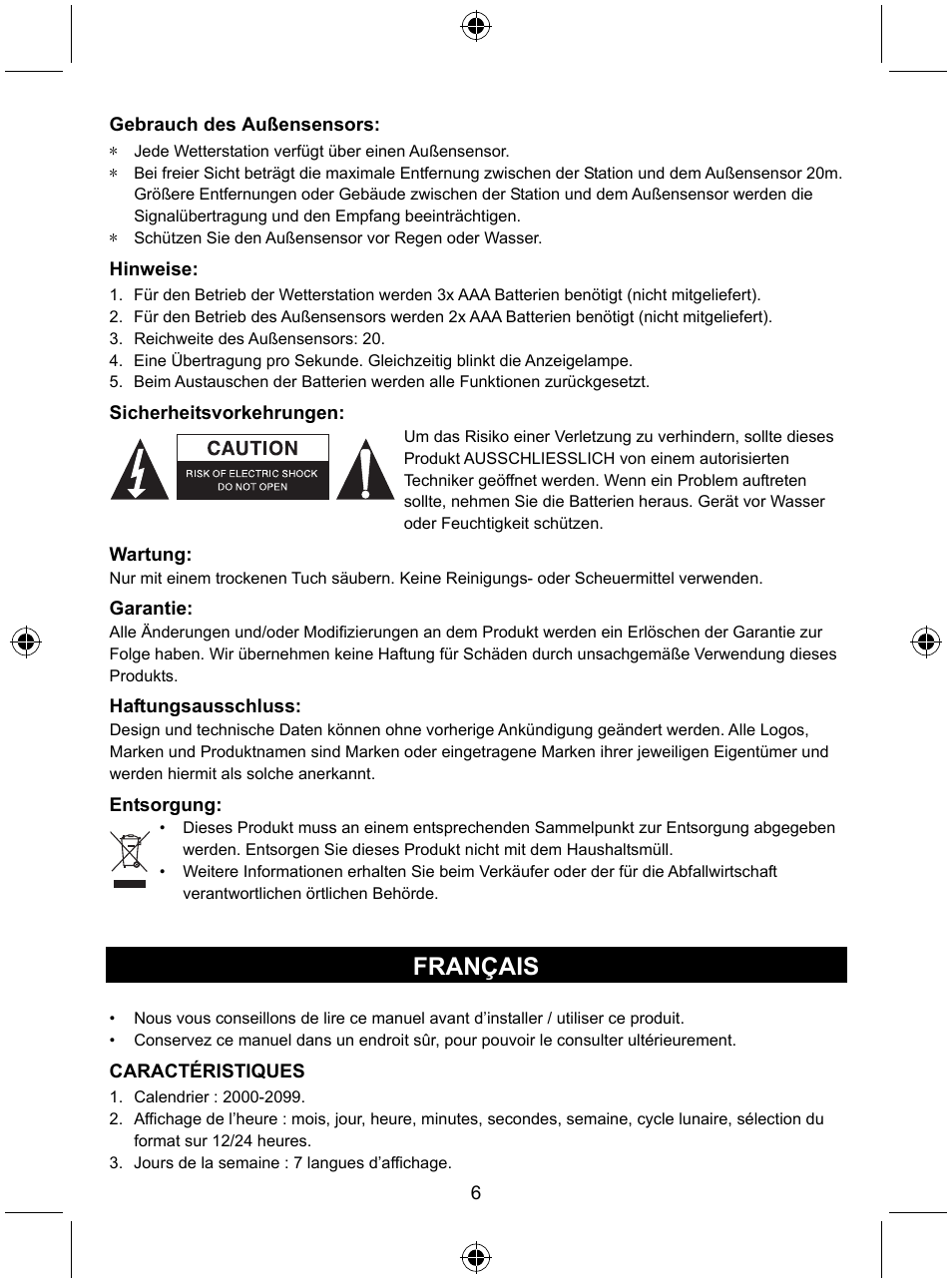 Français | Konig Electronic Wireless weather station User Manual | Page 6 / 41