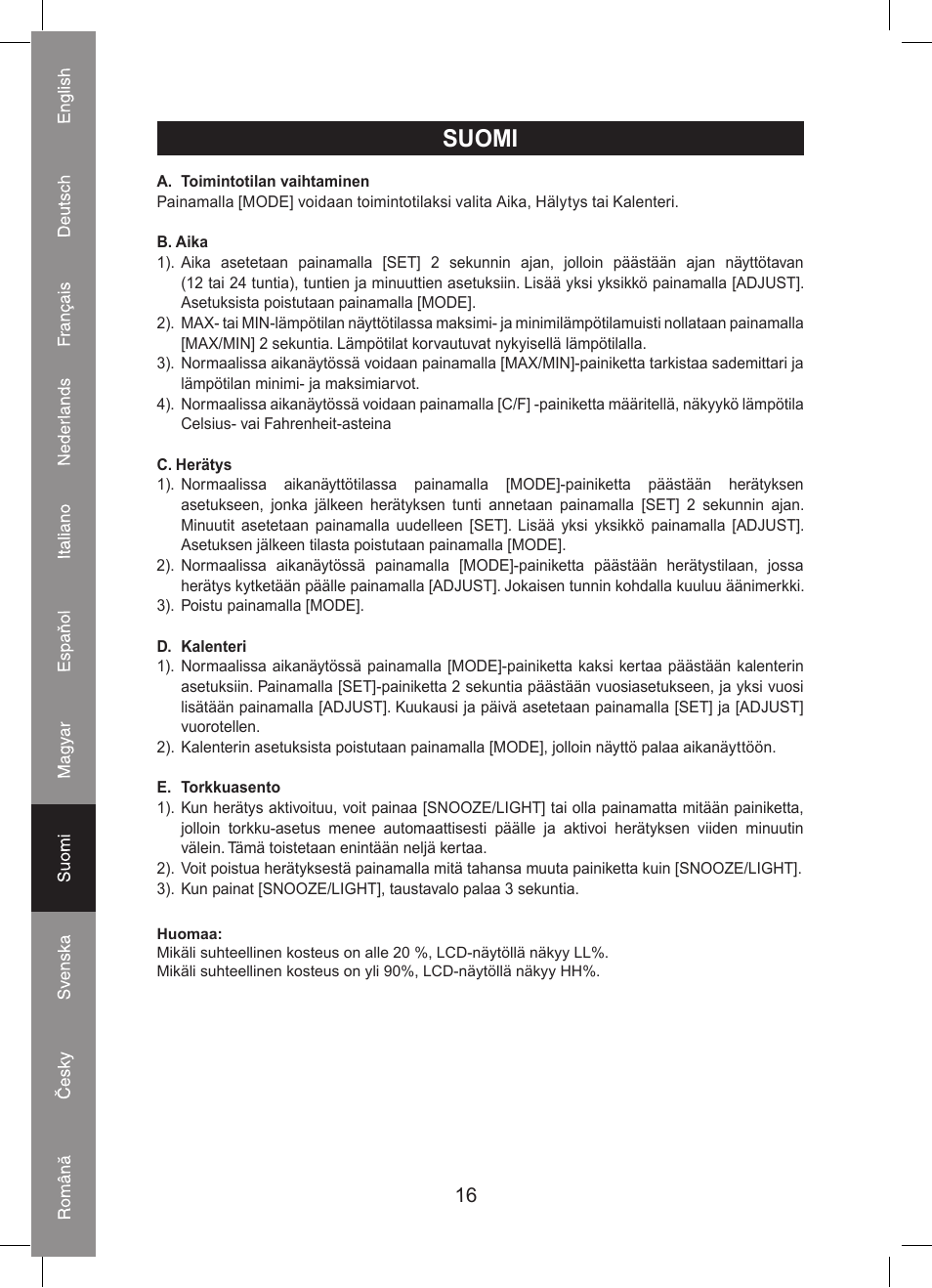 Suomi | Konig Electronic Thermo hygrometer weather station User Manual | Page 16 / 24