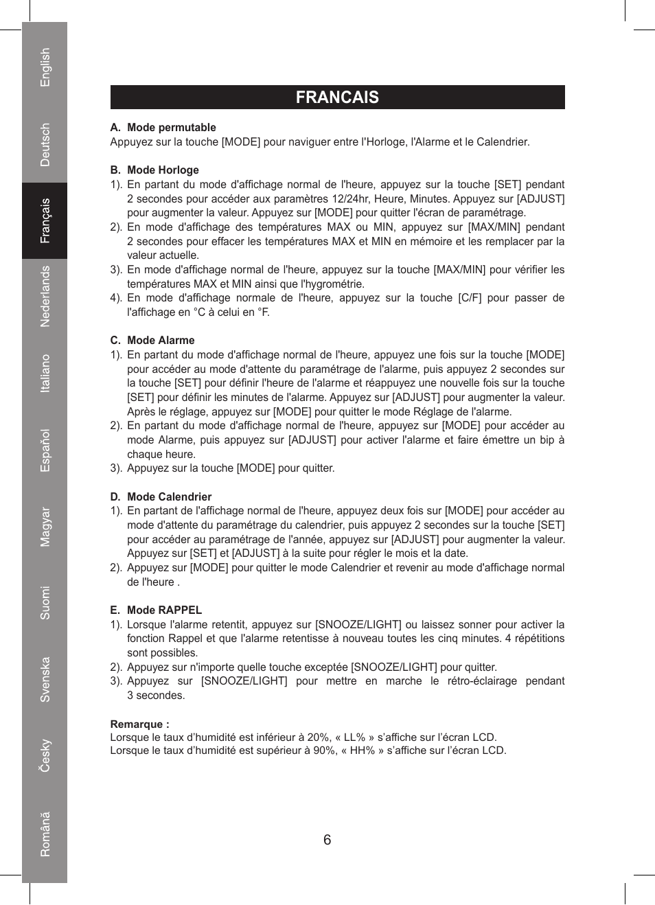 Francais | Konig Electronic Thermo hygrometer weather station User Manual | Page 6 / 24