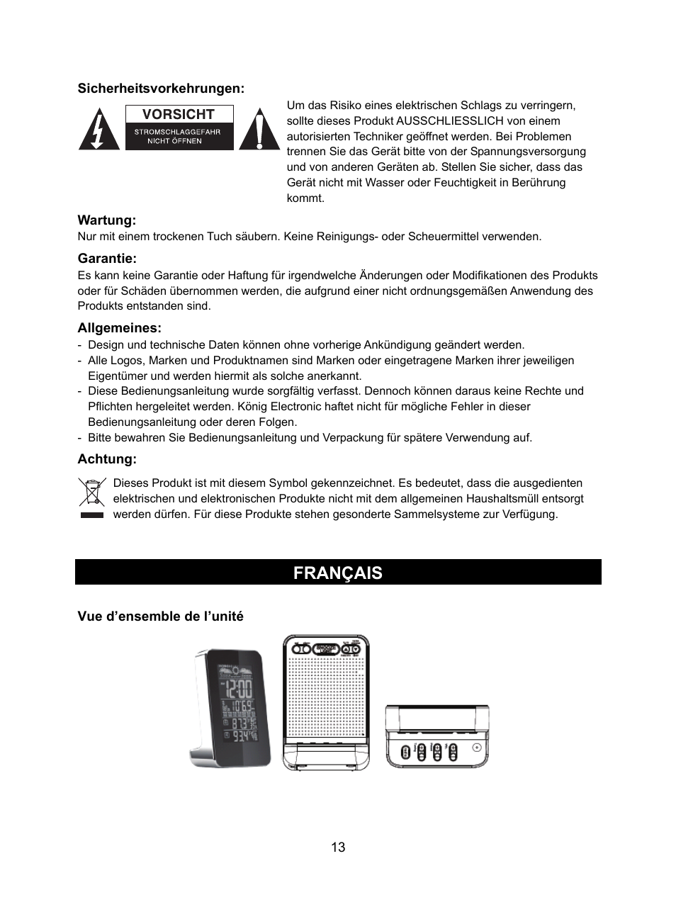 Français | Konig Electronic Weather station with radio and outside sensor User Manual | Page 13 / 87