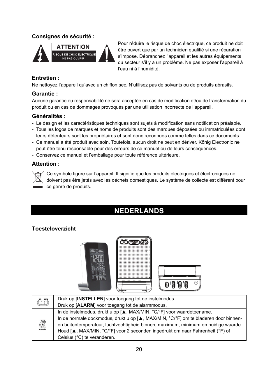 Nederlands | Konig Electronic Weather station with radio and outside sensor User Manual | Page 20 / 87