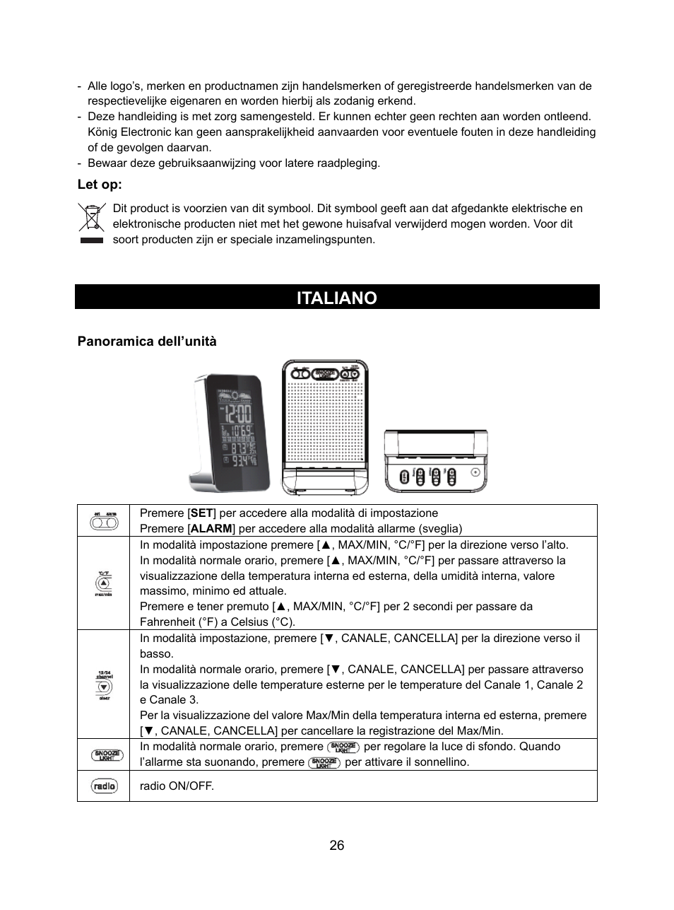 Italiano | Konig Electronic Weather station with radio and outside sensor User Manual | Page 26 / 87