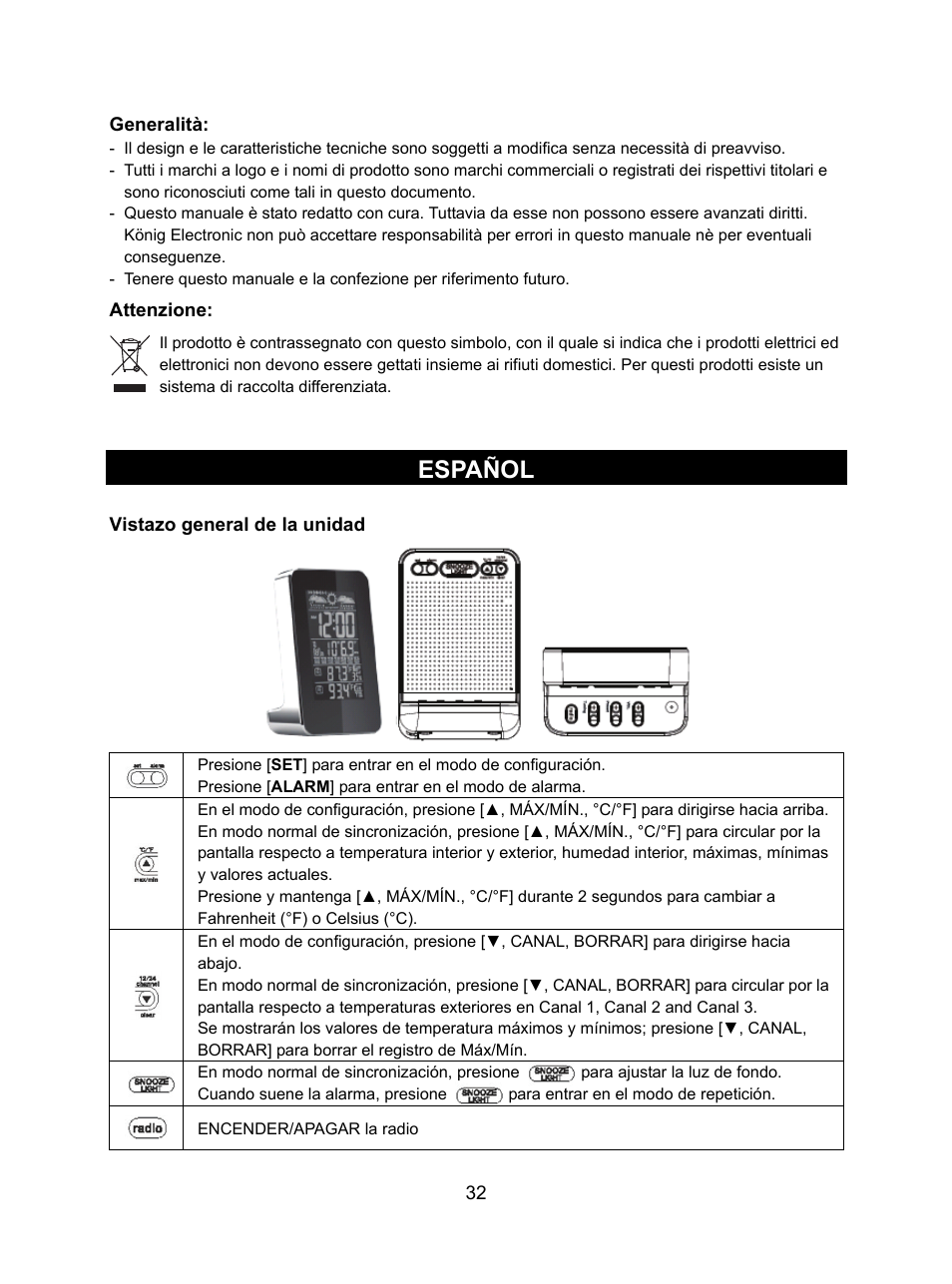 Español | Konig Electronic Weather station with radio and outside sensor User Manual | Page 32 / 87