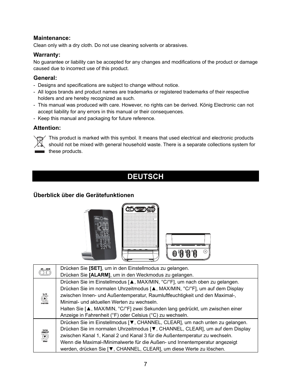 Deutsch | Konig Electronic Weather station with radio and outside sensor User Manual | Page 7 / 87