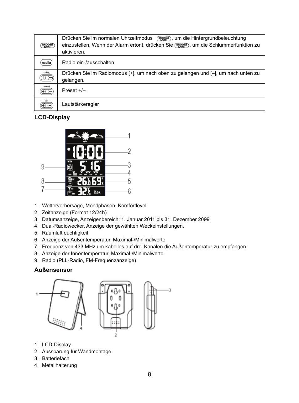 Konig Electronic Weather station with radio and outside sensor User Manual | Page 8 / 87