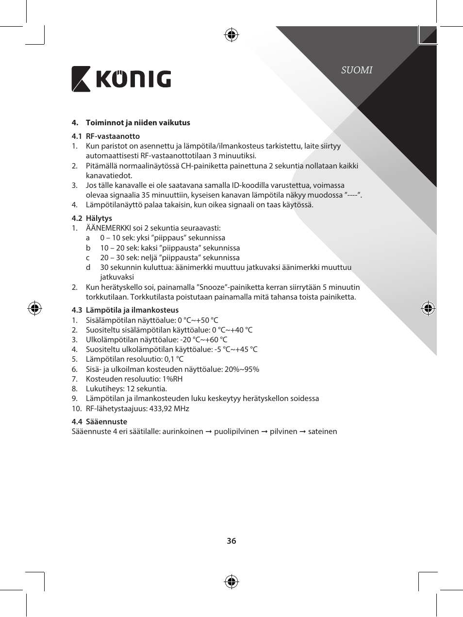 Suomi | Konig Electronic 433 mhz wireless station with hygro-thermometer User Manual | Page 36 / 101