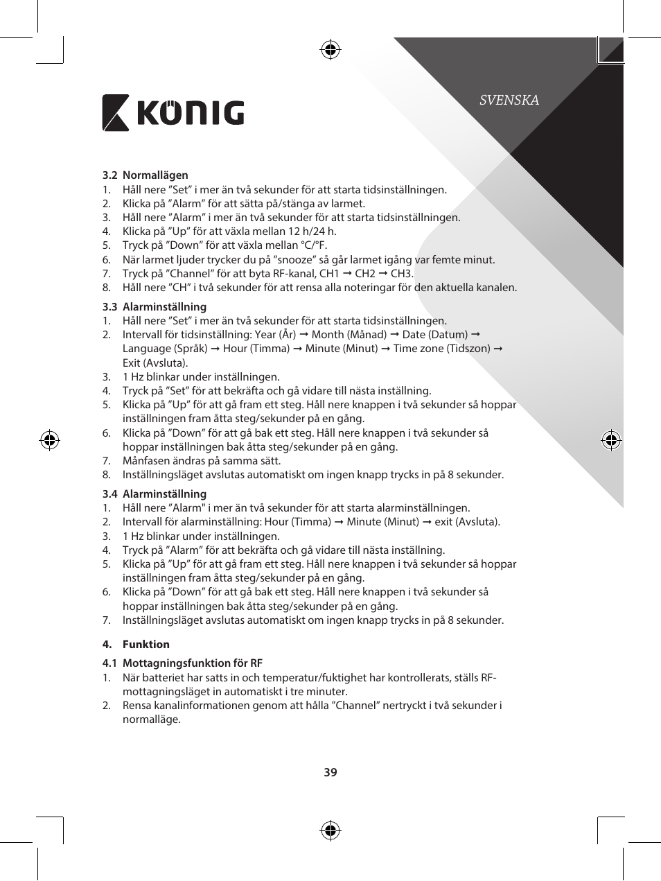 Svenska | Konig Electronic 433 mhz wireless station with hygro-thermometer User Manual | Page 39 / 101