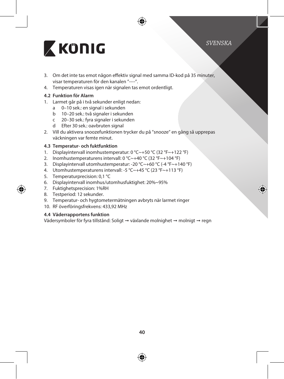 Svenska | Konig Electronic 433 mhz wireless station with hygro-thermometer User Manual | Page 40 / 101