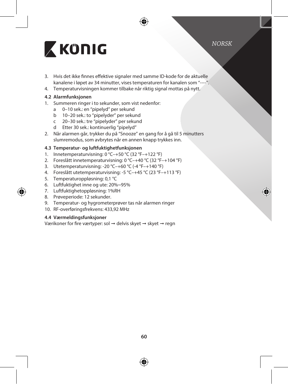Norsk | Konig Electronic 433 mhz wireless station with hygro-thermometer User Manual | Page 60 / 101