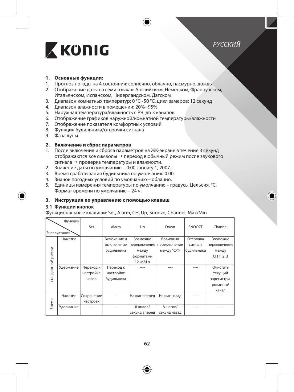 Русский | Konig Electronic 433 mhz wireless station with hygro-thermometer User Manual | Page 62 / 101