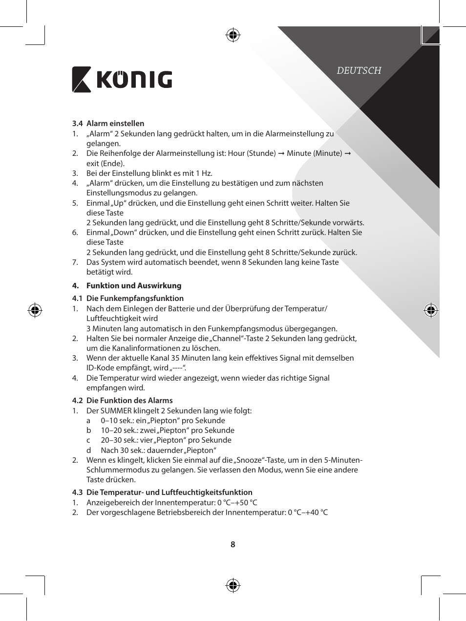 Deutsch | Konig Electronic 433 mhz wireless station with hygro-thermometer User Manual | Page 8 / 101