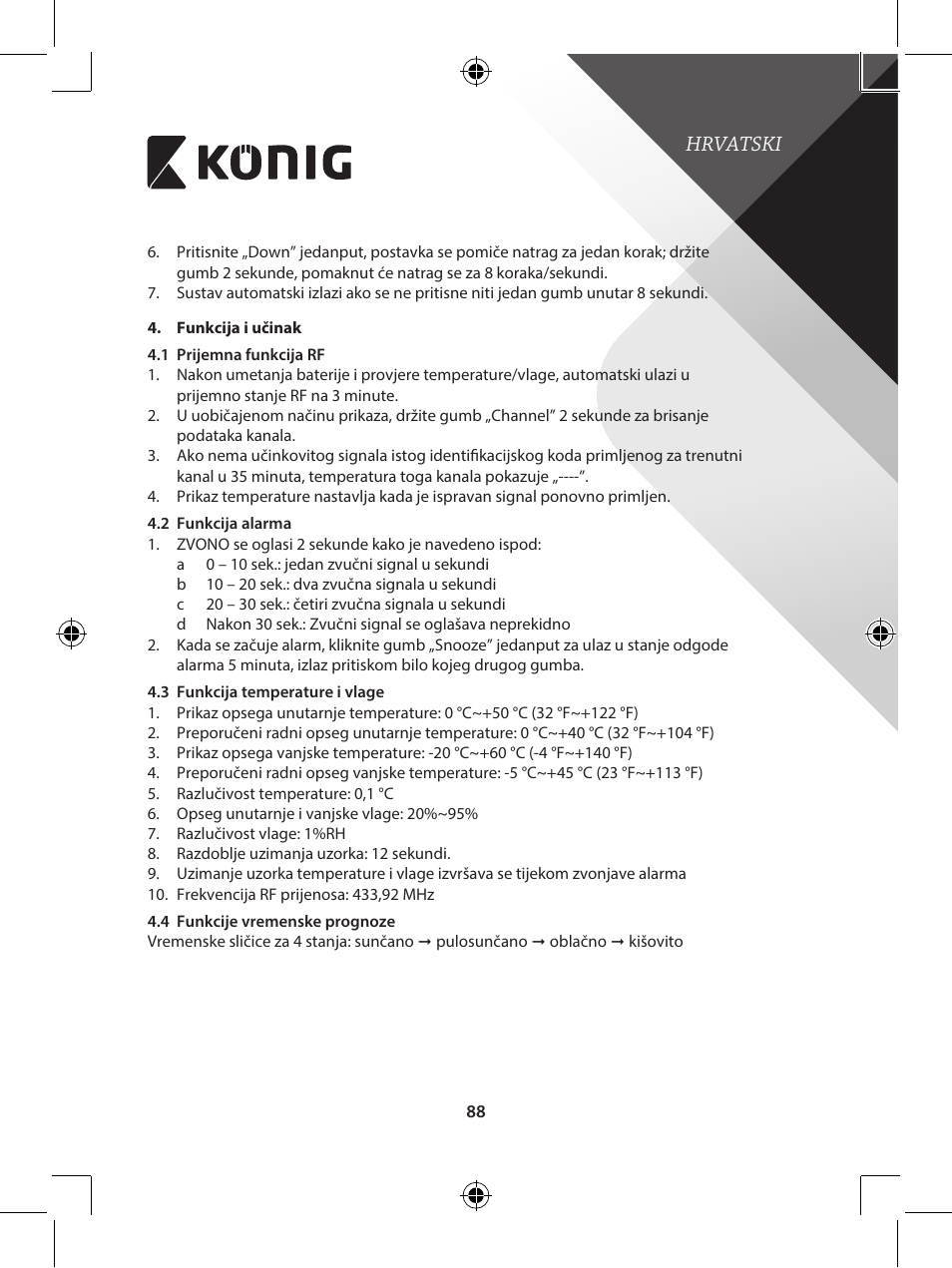 Hrvatski | Konig Electronic 433 mhz wireless station with hygro-thermometer User Manual | Page 88 / 101