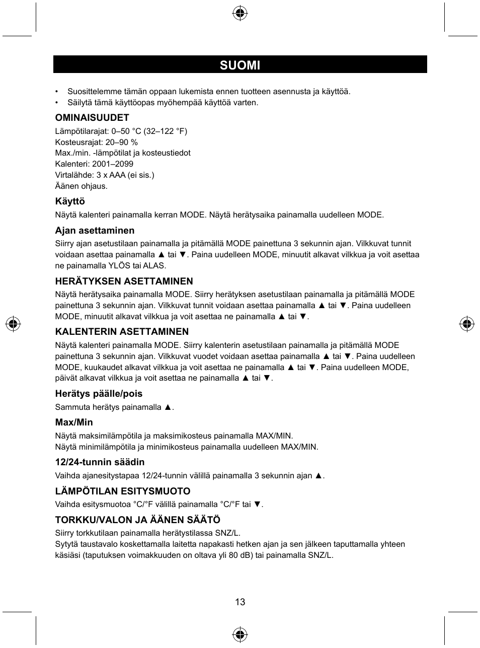 Suomi | Konig Electronic Weather station with date display and alarm function User Manual | Page 13 / 27