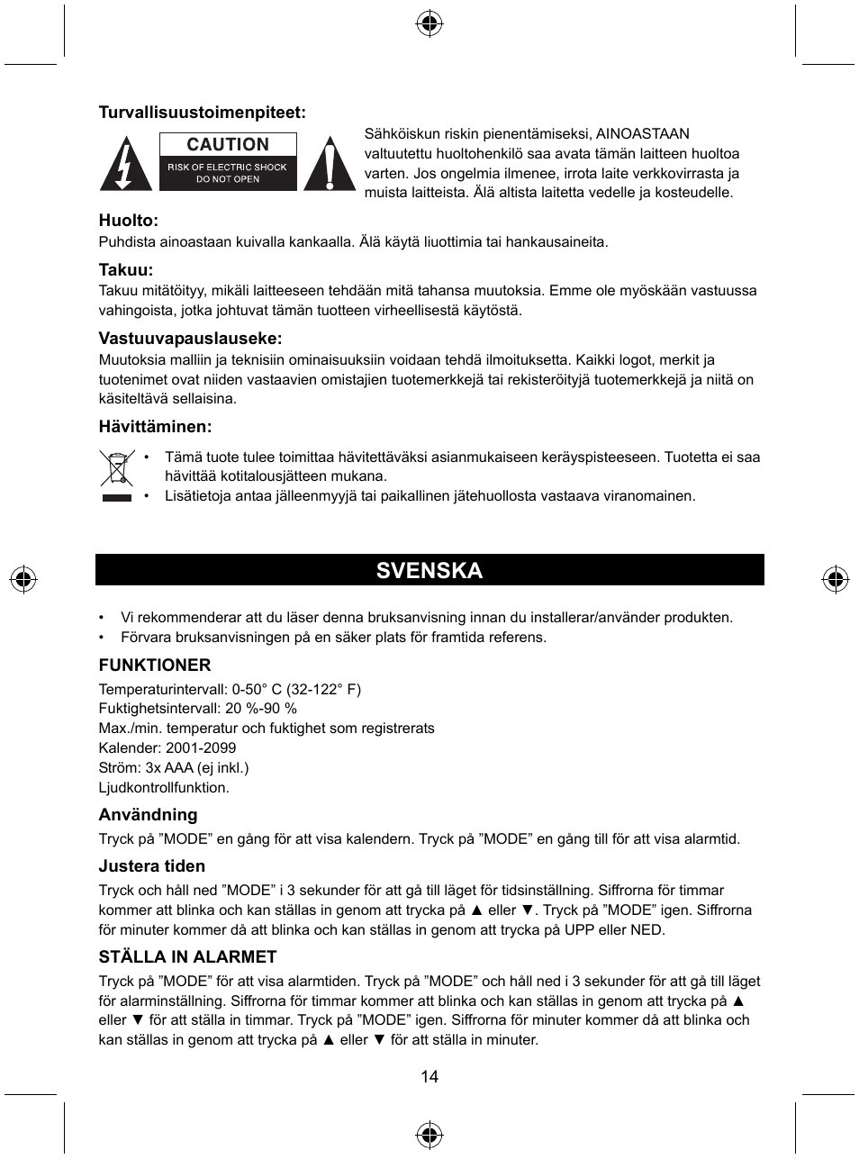 Svenska | Konig Electronic Weather station with date display and alarm function User Manual | Page 14 / 27