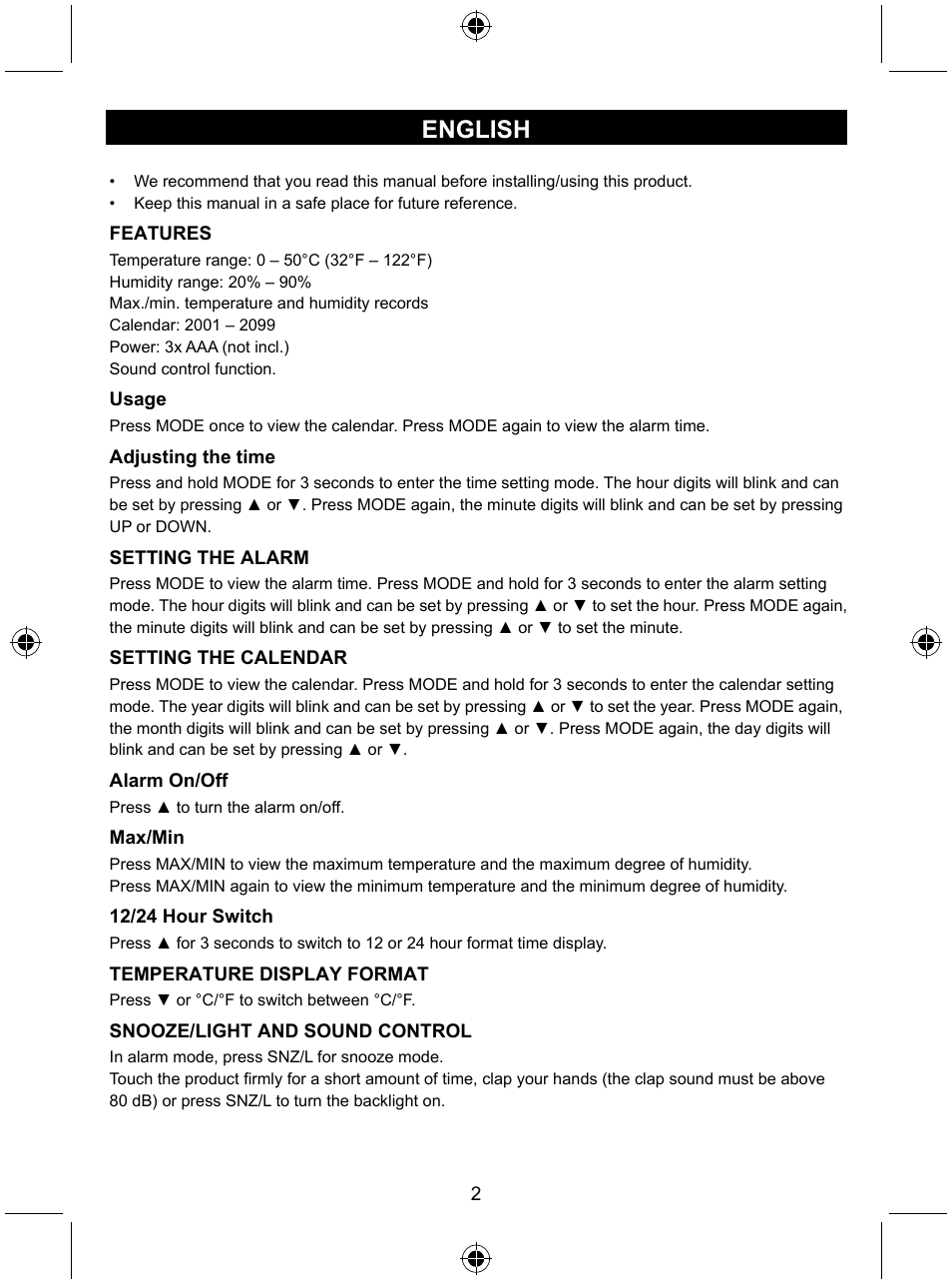 English | Konig Electronic Weather station with date display and alarm function User Manual | Page 2 / 27