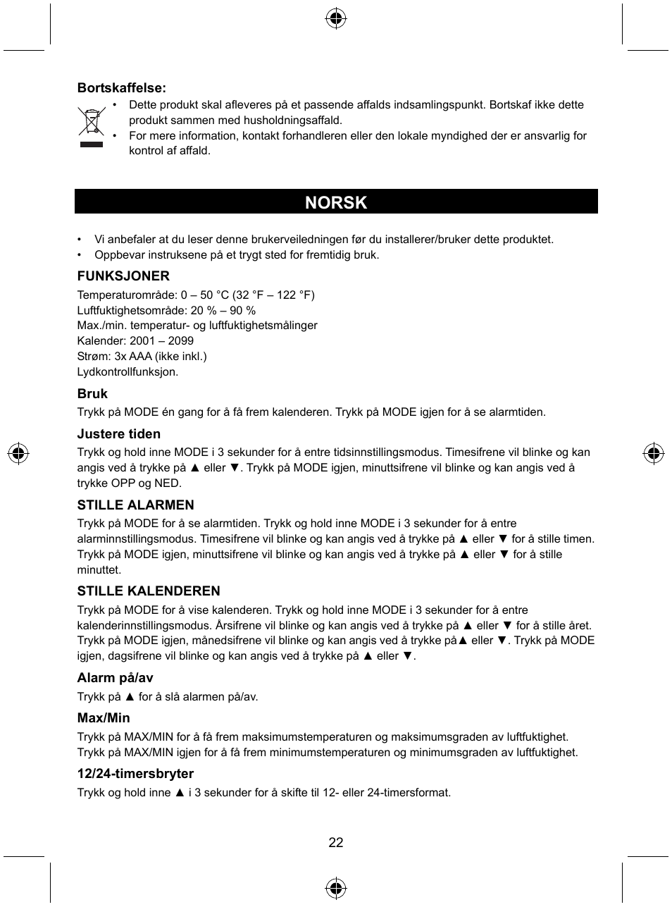 Norsk | Konig Electronic Weather station with date display and alarm function User Manual | Page 22 / 27