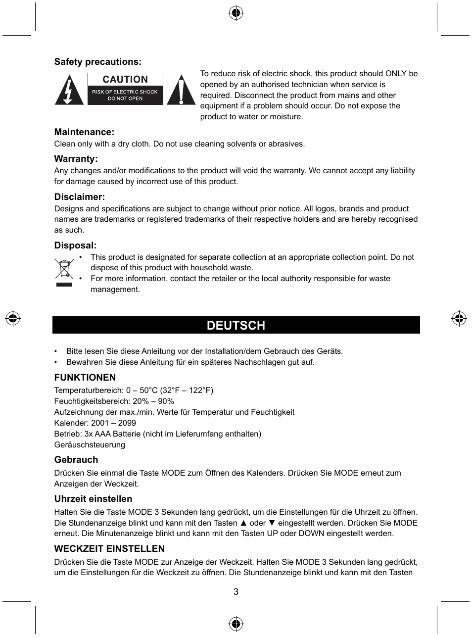 Deutsch | Konig Electronic Weather station with date display and alarm function User Manual | Page 3 / 27