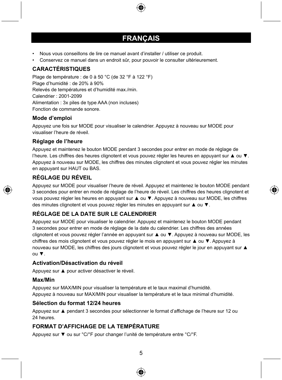 Français | Konig Electronic Weather station with date display and alarm function User Manual | Page 5 / 27